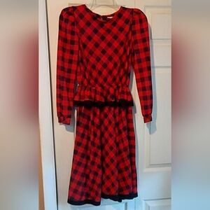 Vintage JSJ Red Black Buffalo Plaid Peplum Dress LS Knee Length Academia Prep 8